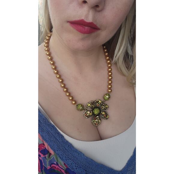 HEIDI DAUS Anemone Floral Crystal Pendant Pearl Necklace Golden Shadow Cognac - Picture 11 of 11